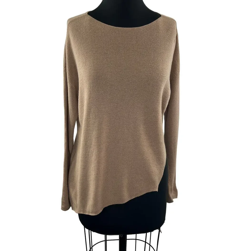 EILEEN FISHER Tan Camel Merino Wool Wide Neck Asymmetrical Pullover Sweater PS